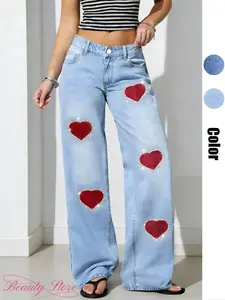 Women's Rhinestone Embroidered Jeans Pants, High Waist Loose-Fitting, Button Fly, Perfect for All Seasons, Elegant Fashion