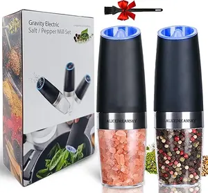 2 Pack Gravity Electric Salt and Pepper Grinder Set Automatic Battery Powered Salt Mill, Adjustable Coarseness, with Blue LED Light, One Hand Operated