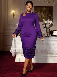 Women's Fashion Elegant Chic Hollow Out Round Neck Long Sleeve Dress, Layered Ruffle Frill Tight Fit Bodycon Mini Dress for Formal Business Party