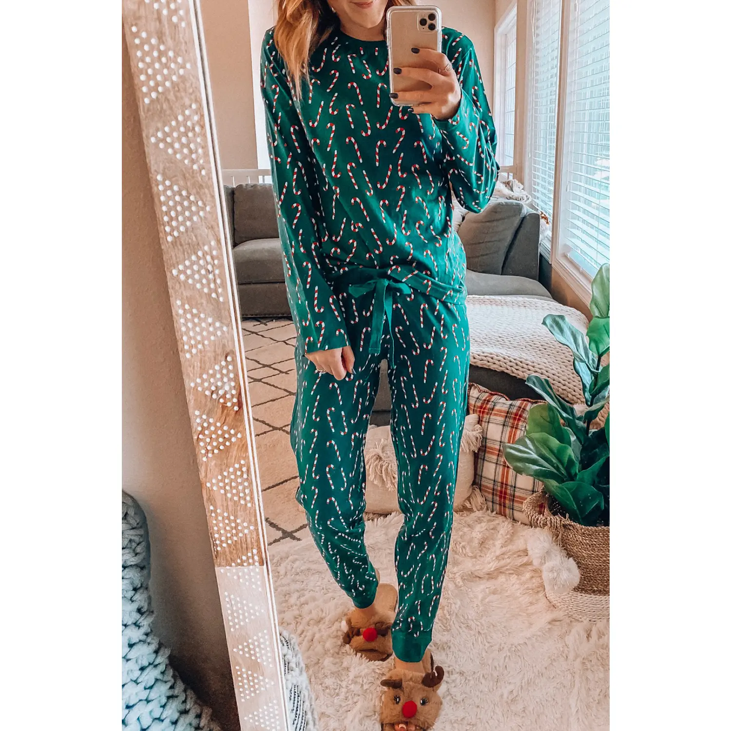 Green Christmas Candy Cane Printed Top and Pants Loungewear Set