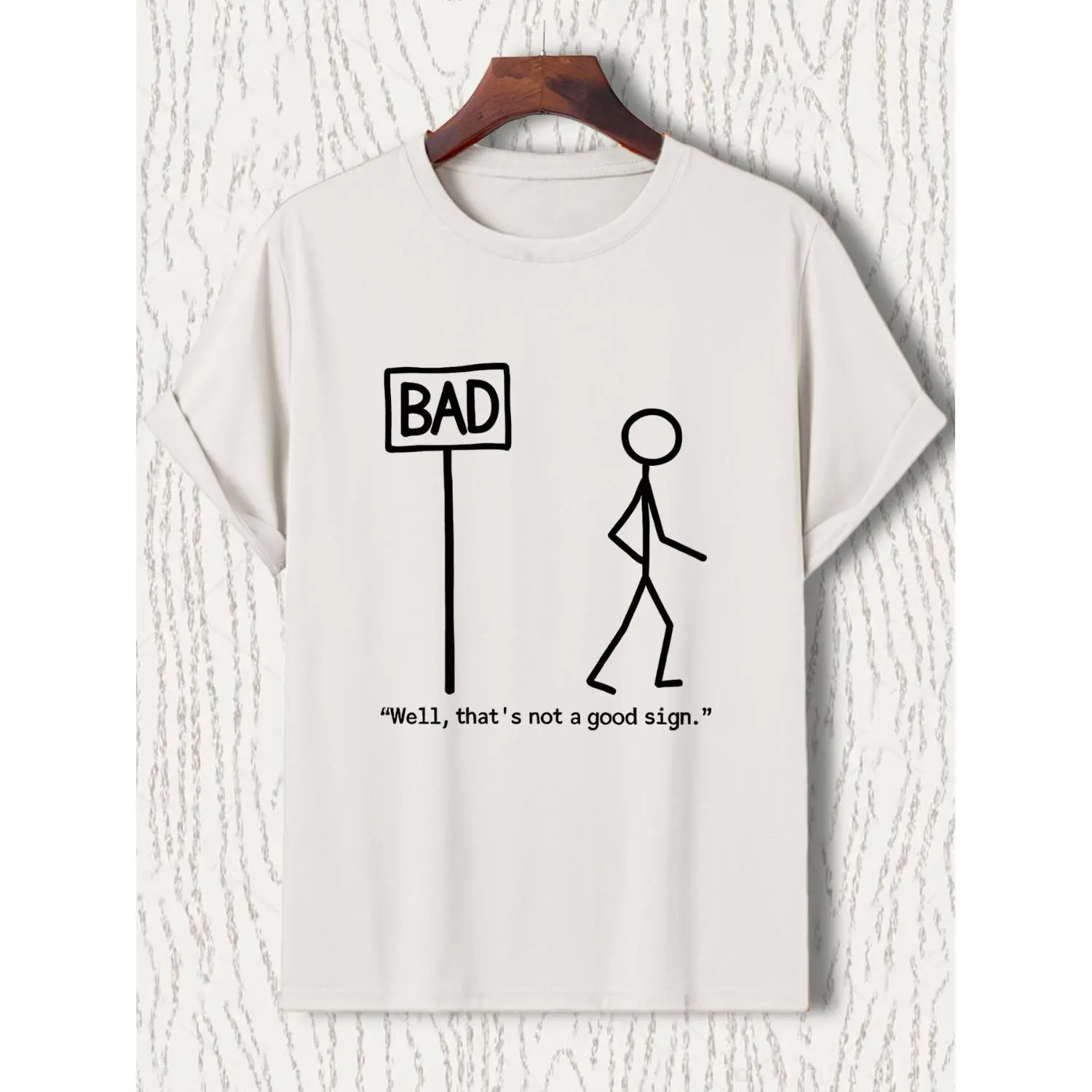 Men's Casual Round Neck Short-Sleeve Tshirt - 100% Polyester Knit Fabric with Slight Stretch, Summer Menswear Top with "BAD" Sign and Quotation Graphic