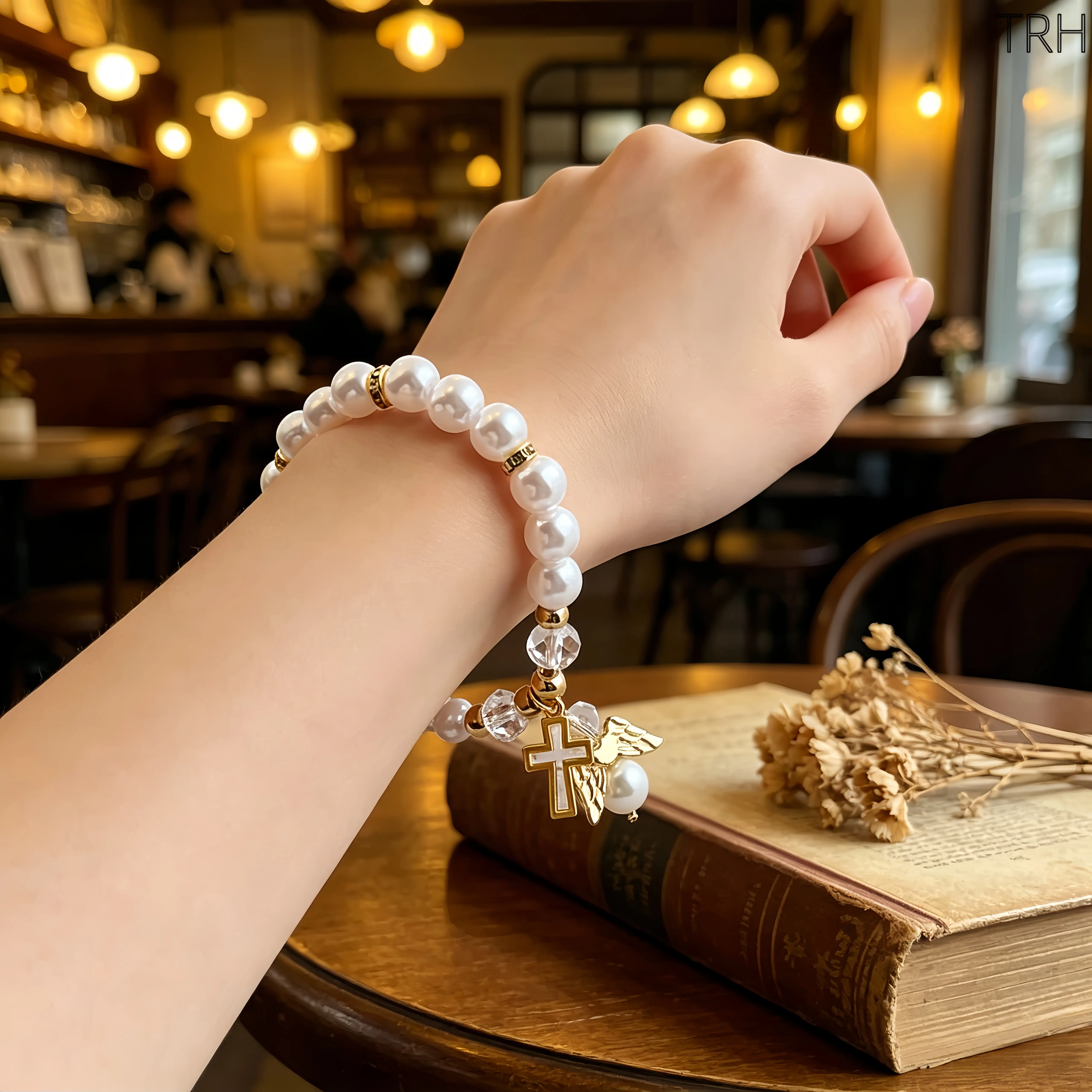Pearl Beaded Stretch Bracelet with Angel Wing & Cross Charm, Baptism & First Communion Jewelry, Religious Beaded Bracelet for Women Girls, Elastic Faith Bracelet with Rhinestone Accents