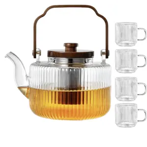 Vintage Glass Teapot Set with 4 Small Tea Cup, Clear Tea Pot Stovetop Safe, Ribbed Glass Te Teacup