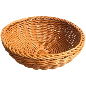 Round Wicker Bread Basket, Imitation Woven Rattan Fruit Basket Tabletop Food Vegetables Serving Basket for Home, Kitchen, Restaurant, Outdoor