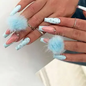 24 Piece Coffin Blue Press On Nails With Puff nailcaretools nontoxic tip ex handmade acrylic press-on nail reusable gel quality