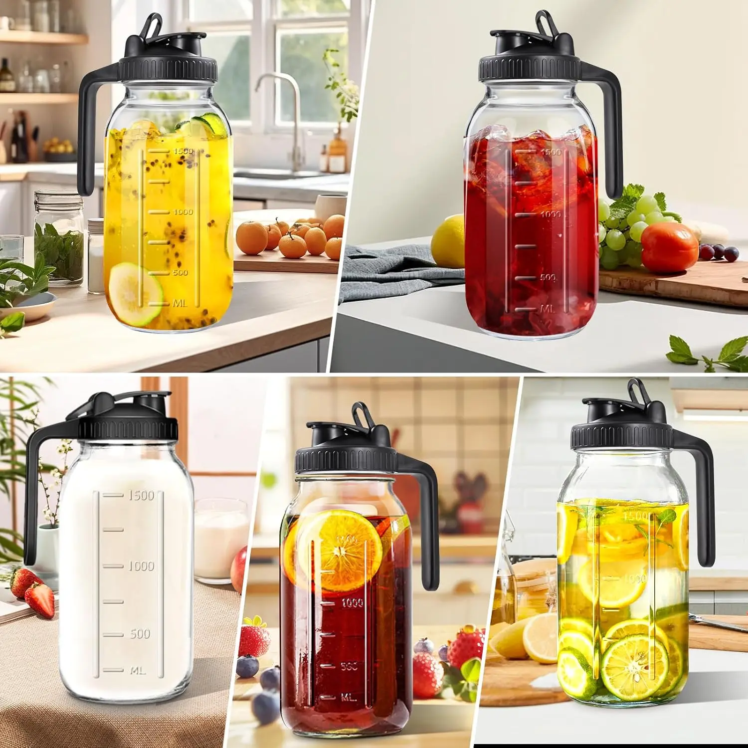 64oz glass pitcher with lid, mason jar style pitcher airtight, thick glass cold brew pitcher, dishwasher safe beverage dispenser, lead free bpa free glass jar, lemonade pitcher with sealing lid, infused water Mason jar