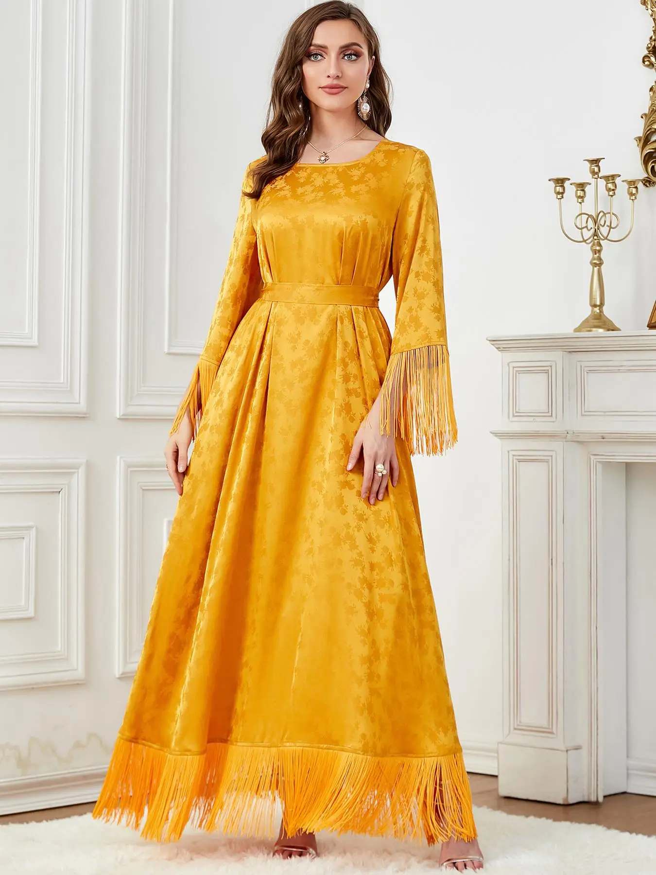 Arabic Clothing-Floral Jacquard Fringe Trim A Line Dress, Elegant Flounce Sleeve Belted Long Dress for Spring & Fall, Women's Islamic Clothing