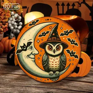 Halloween Owl & Moon Metal Wall Decor, 2D Round Aluminum Sign, Spooky Decoration for Living Room Corner, Halloween Party Supplies