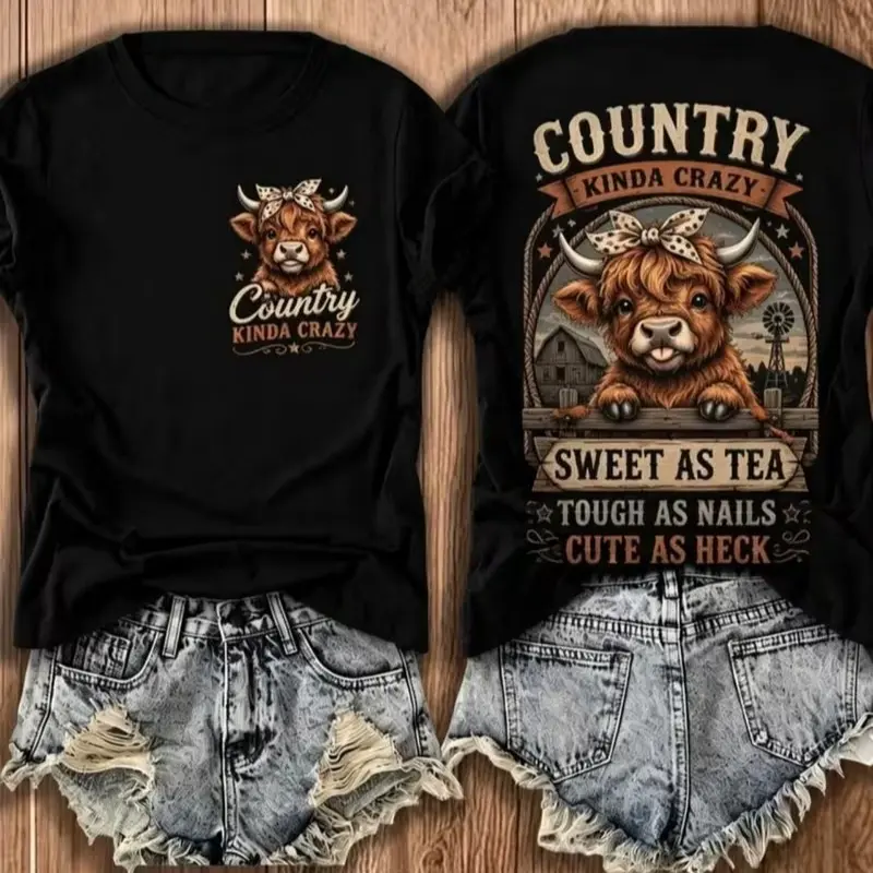 Country Kinda Crazy Highland Cow Front Back Print Cotton Crewneck T-Shirt, Western Retro Farm Casual Tee