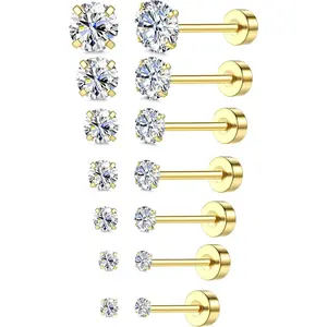 18K Gold Plated 5A Cubic Zirconia Threadless Flat Back Earrings Surgical Stainless Steel Simulated Diamond Earrings for Women Men Earrings Studs Dainty Push Pin Cartilage Earring Hypoallergenic