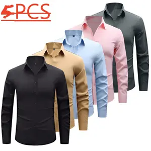 Men's 5-Piece Classic Plain Business Formal Long-Sleeve Shirts, Notched Lapels, Pointed Collar, Refined Front Buttons, Stretchy Polyester Fabric, Smooth Draping Fit for Multi-Season Wear, Long Sleeves fathersdaygift