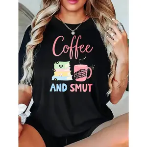 Coffee And Smut Printed T Shirt Black Coffee Cup Books And Skeleton Hand Design