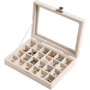 24-Grid Velvet Jewelry Tray with Clear Lockable Lid, Earring and Ring Organizer (Beige) Boxes