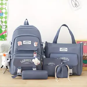 5-piece Solid Color Backpack Set, Large Capacity Backpack, Simple Handbag, Pencil Case, Casual Crossbody, Lightweight Student Backpack Set, with Duck Pendant, 3 Badges and Rabbit Pendant, Canvas Material, Positional Printing, Zipper Closure, Handheld