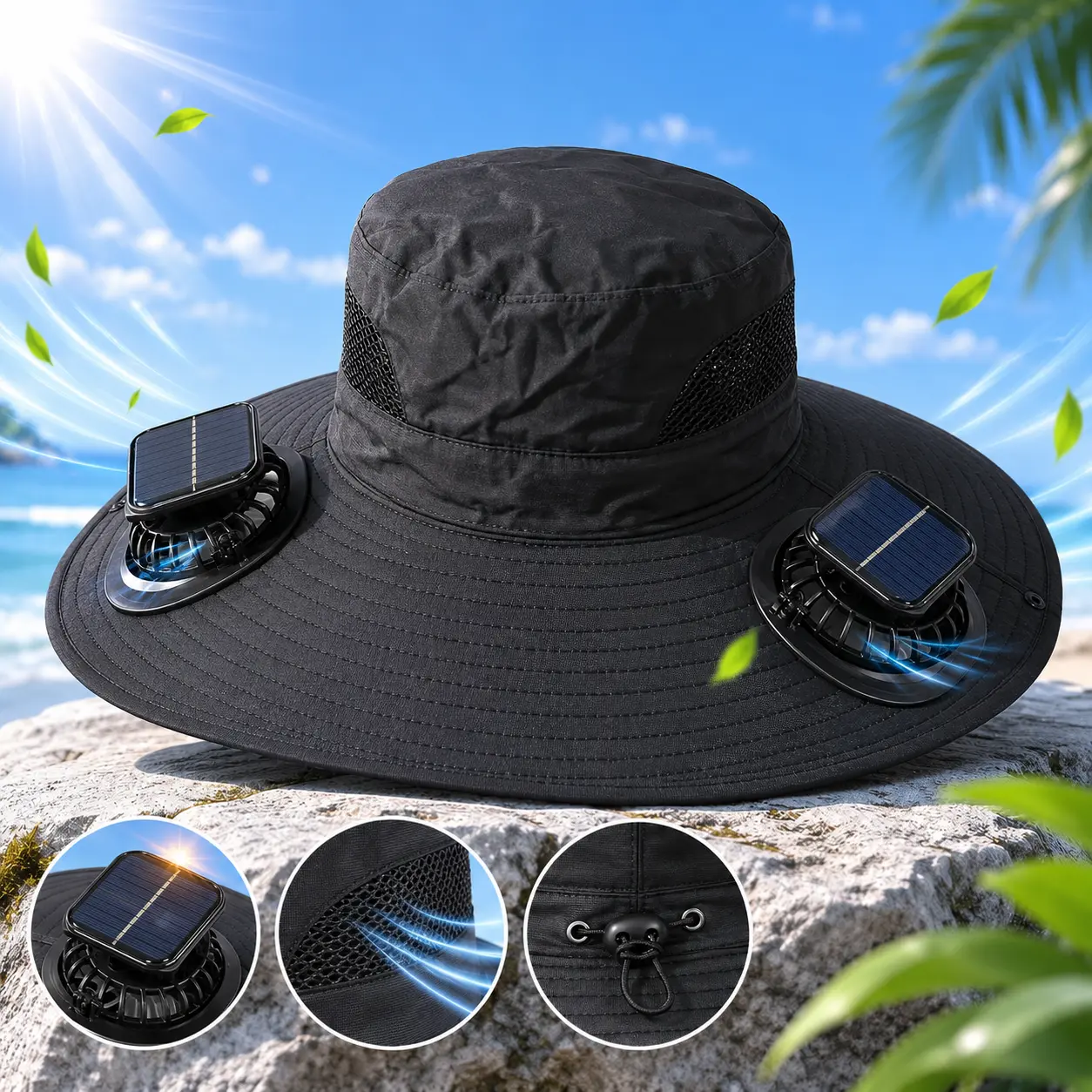 Unisex Solar-Powered Fan Hat — Dual-Fan Wide-Brimmed Hat | Waterproof Wide-Brim Fisherman Hat | Ideal for Wilderness Adventures & Hiking | Outdoor Fishing & Beach Sun Hat | Solar Sun Hat with Built-in Fan lanyards perfect