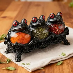 7pcs Set (3 Wizard Frog Jar +3 Frog Lid+base), Hand-made Vintage Classic Pharmacist Jar, Durable, Suitable for Spices, Herbs, Salts, Kitchen Gothic Food Storage Containers, Unique Home Decoration, Collectible Figurines.