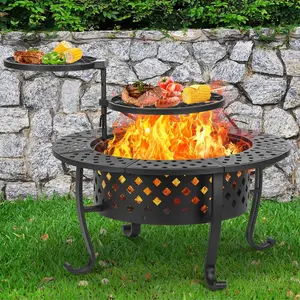 36'' Round Fire Pit - 3-in-1 Wood Burning Fire Pit with Dual Grills, Lid, Poker, - Perfect for Outdoor Patio, Picnic, and Party Gatherings Barbecue Food
