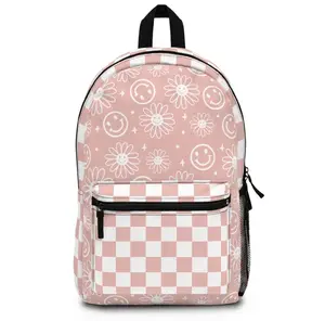 Retro Pink and White Smiley Face Checkered Backpack With Name Tag Inside, Back to School, Teen Backpack, Kids Backpack, Large School Backpack