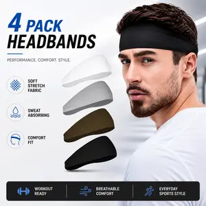 Kabuer Mens Headbands Sports Headband for Men Work Out Sweatband for Men Sweatband Sports Headband for Running Cycling Yoga Basketball Stretchy Moisture Wicking Unisex Hairband 4 Pack
