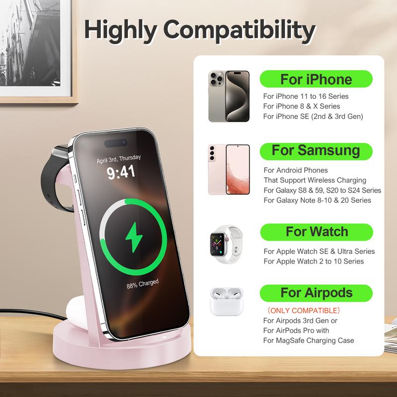 Premium Wireless Charger Stand with Case-On Charging & Sleep-Friendly Mode for iPhone, Samsung, Apple Watch & AirPods — Includes Power Adapter