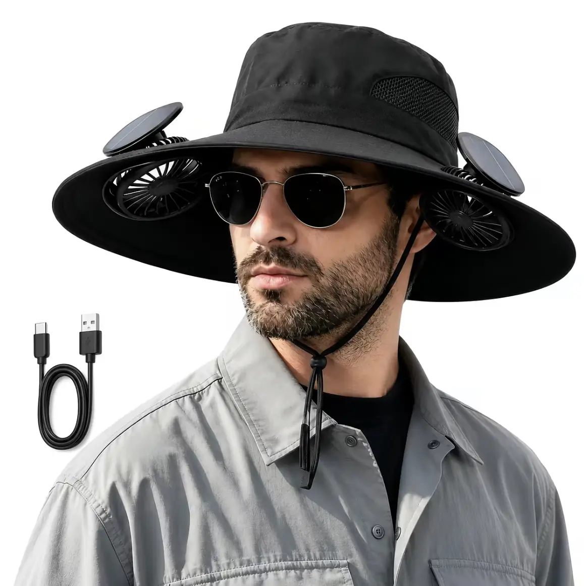 Solar Powered Fan Hat - Upgraded Steel-Ring Wide Brim Hat with 2 Solar Fans, UPF 50+ Sun Protection, Durable Steel-Ring Design, Cooling Ventilation for Fishing, Beach & Outdoor Summer Activities Unisex