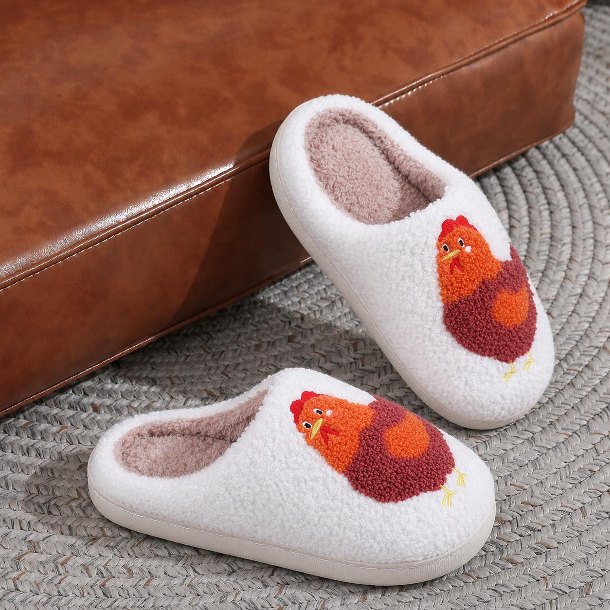 Women's Cartoon Chicken Character Style Plush Cotton Slippers - Fuzzy Fabric Flat Fashion Slippers for Women, Warm Cold-Proof Thick Soft Comfortable, TPR Sole, Autumn Winter Lovers' Shoes, Fuzzy Fabric Women's Fashion Slippers