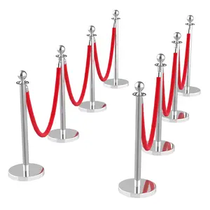 Silver Crowd Control Stanchions 8PCS with 6 Velvet Ropes,Stainless Steel Post and Filled Base, Retractable Safety Barriers for Hotel, Wedding, Theater, Event