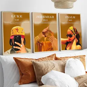 3pcs/set Trendy Black Girl Canvas Streetwear Wall Art Christian Bible Verse Picture Luxury Fashion African American Woman Poster Print Artwork Wall Decor for Bedroom Living Room Office Unframed