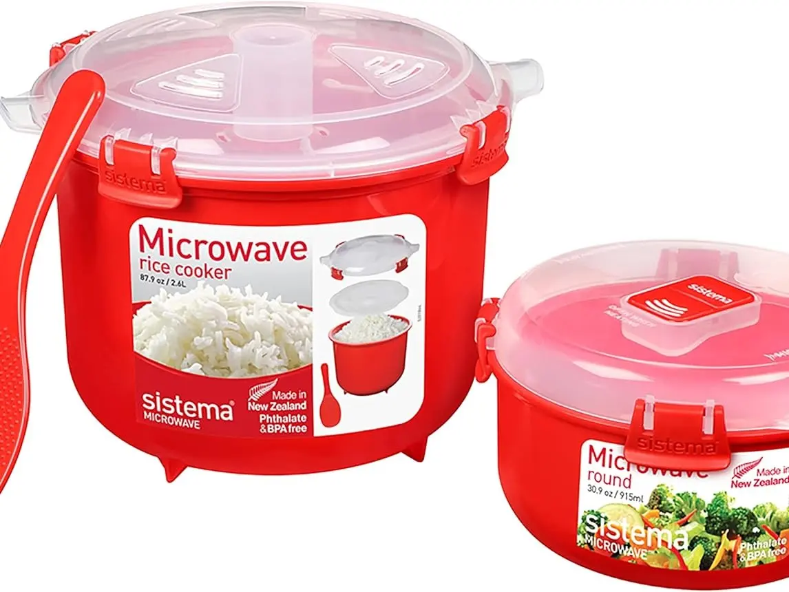 Sistema Microwave Rice Cooker - Multi-Functional Kitchen Cookware Steamer Bowl for Vegetables, with Steam Release Vent, Dishwasher Safe, Red for Busy Lifestyles Easy Cooking
