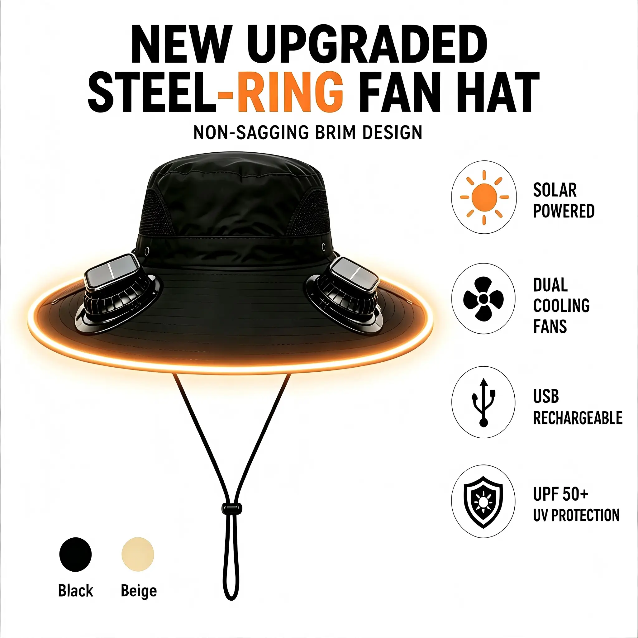 2026 New-Upgraded Unisex Steel-Ring Wide-Brim Outdoor Fan Hat, Adjustable Waterproof Cap with Non-Sagging Brim, Solar-Powered Dual Cooling Fans, USB-Rechargeable, UPF 50+ UV-Protection, Breathable Lightweight Headwear for Fishing, Camping
