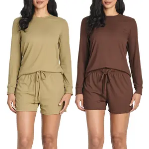 Real Essentials 2 Pack: Women's Ribbed Knit Long Sleeve Top and Shorts Pullover Lounge Pajama Set (Available In Plus Size)