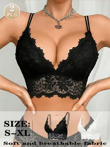 2PCS Ultra-Soft & Breathable Lace Bra Wireless Comfort Bralette for All-Day Wear Elastic Skin-Friendly Floral Lace  Summer Essentials Innerwear