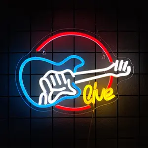 Live Music Neon Signs Guitar Shape LED Signs Game Art LED Neon Signs for Wall Decor Studio Neon Light Signs Decorative Wall Light USB Powered Switch Lights Up Sign for Party Lover Girl Boy(Colorful Guitar Live)