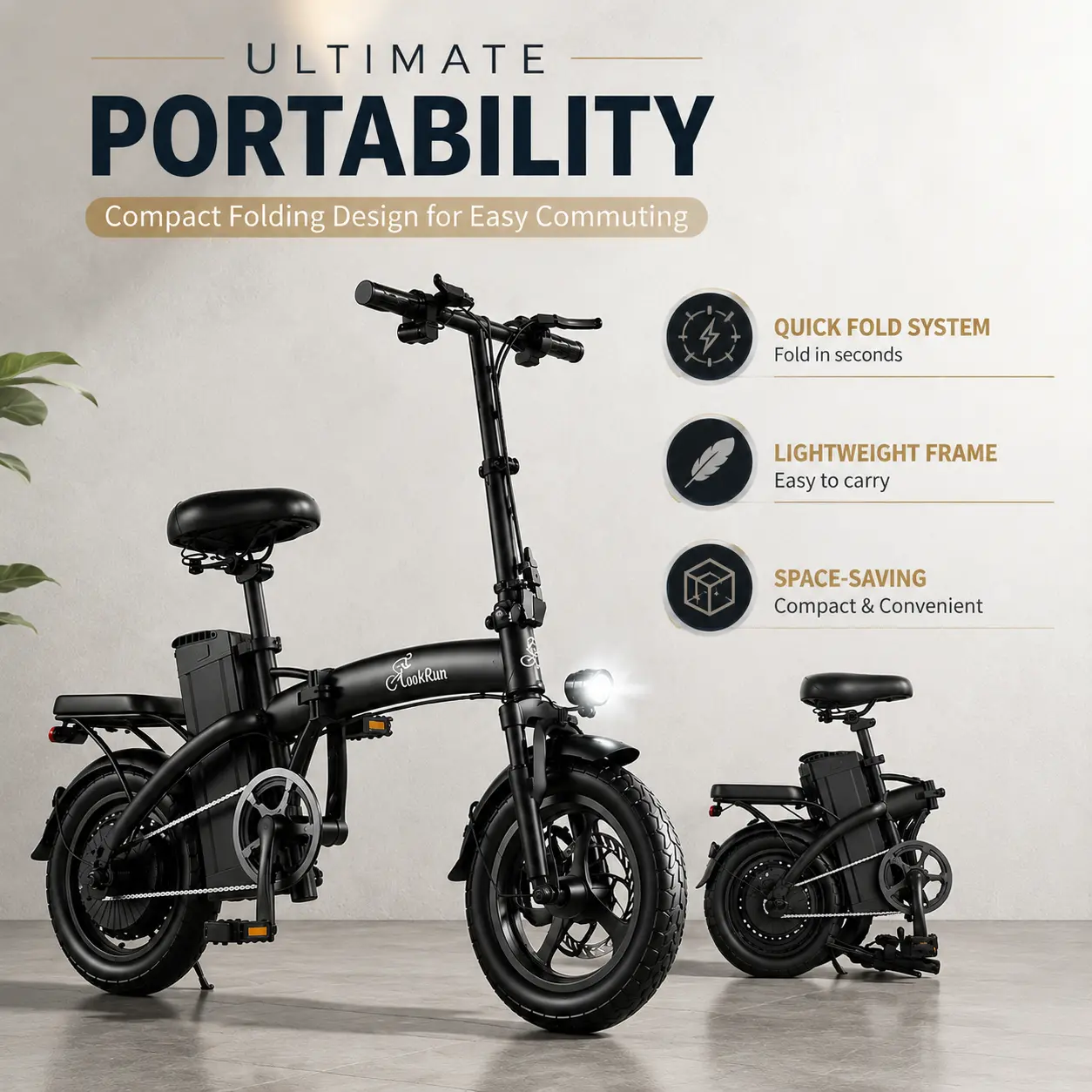 LOOKRUN F12 600W Foldable Adult Electric Bike - City Commuter Ebike, Commuter Folding Ebike, 30-Mi Range, 3 Riding Modes, Portable Lightweight Bicycle for Sports & Outdoor Use 8-level shock absorption