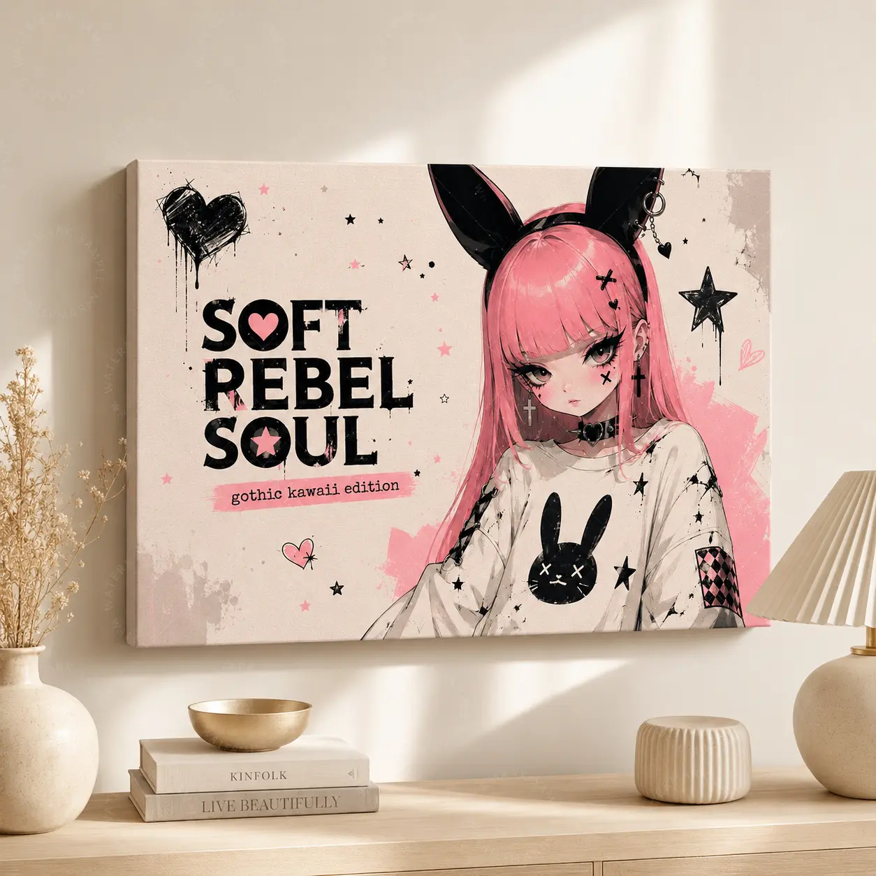 Soft Rebel Soul Gothic Kawaii Bunny Girl Canvas Poster, Pink Black Grunge Aesthetic Wall Art, Y2K Emo Print for Teen Bedroom, Living Room Decor, Trendy Home Gift,wall decor,poster.