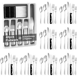 49 count Silverware Set with Organizer,  Stainless Steel Flatware Set for 8 Cutlery Utensil Sets with Steak , Spoons and Forks Set, Dishwasher Safe