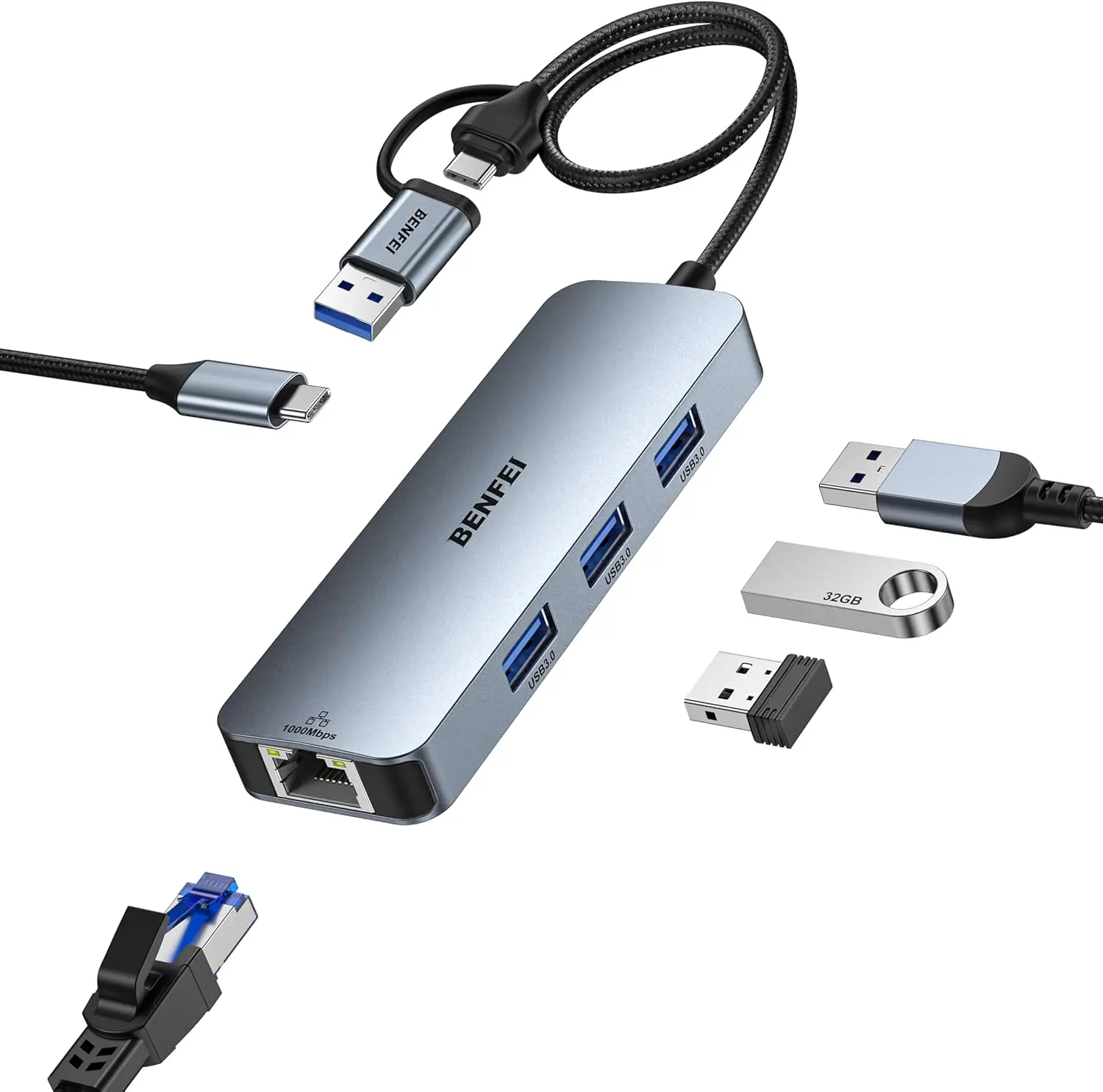 BENFEI USB-C USB 3.0 to Gigabit Ethernet Adapter, 3-Port USB 3.0 Hub with RJ45 Compatible with MacBook Pro/Air 2023, iPad Pro, iMac, S23, XPS 17, Surface Book 3 and More