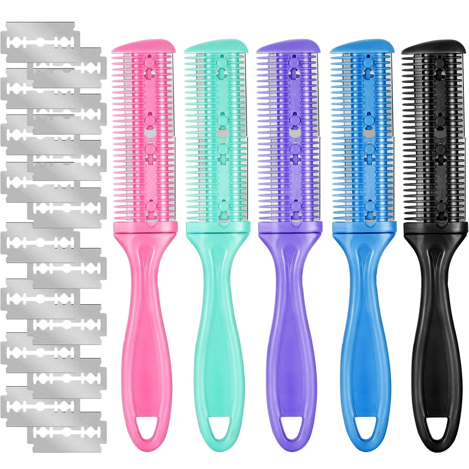 5 Pieces Dual-Sided Cutting Scissors, 20 Razors, and Thinning Comb with Double Edge for Precise Slim Haircuts (5 Colors)