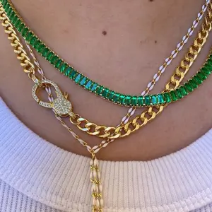 Emerald Tennis Necklace, Green Eternity Necklace, Baguette Green Chain, Layering Necklace, Baguette Cut Necklace