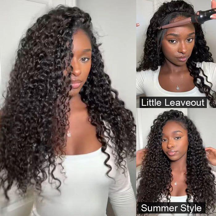 MYLOCKME Half Wig Deep Wave 3 IN 1 Human Hair Glueless Deep Wave Wig Machine Made Clip-in Upgrade 200% Kinky Straight Invisiable Flip Drawstring Wig