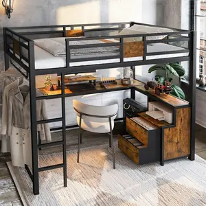 [Bellemave]  Twin XL Loft Bed with L-Shaped Desk and 2 Storage Drawers,Metal Loft Bed Frame with Computer Shelf,Ladders and Safety Guardrail,Storage & Study Space for Teens & Adults,Nosie-free