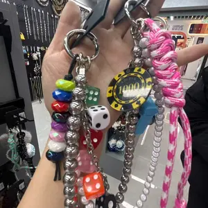 American Retro Multifunctional Dice Accessory, Denim Jeans & Bag Pairing, Colorful Acrylic Dice + Metal Bead Chain + Faux Pearl