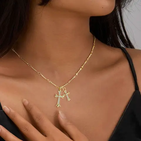 MIDEEO Cross Design Faith Pendant Necklace, 14K Gold Plated Double Cross with CZ Cubic Zirconia, Non Tarnish Tarnish Proof Jewelry for Women, Dainty Birthday Gifts
