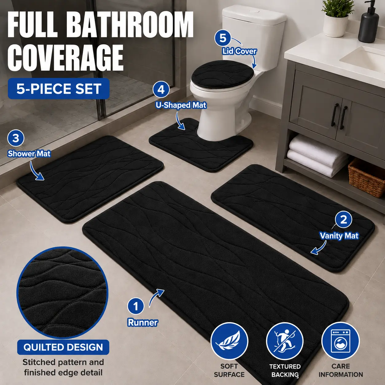 Modern Flannel Bathroom Rug Set, 3/5 Piece Bath Mat Set, Black/Grey, Soft 1cm Thick Rugs for Bathroom, Bedside, Pet Corner & Home Decor