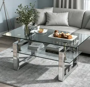 Transparent Tempered Glass Coffee Table, 39.4" W x 19.7" D x 17.7" H, Indoor Living Room Furniture Table