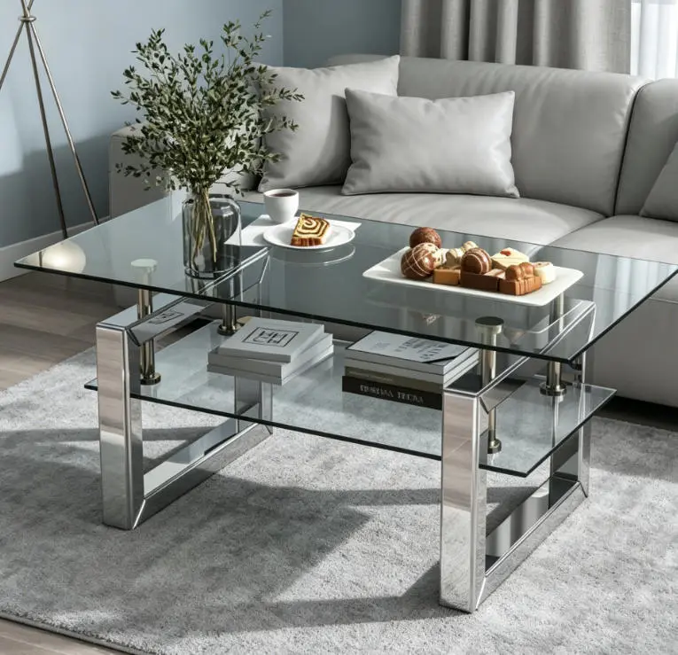 Transparent Tempered Glass Coffee Table, 39.4" W x 19.7" D x 17.7" H, Indoor Living Room Furniture Table