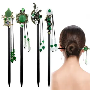 4 Pack Chinese Hair Stick for Buns Chinese Green Beads Flowers Hair Chopsticks Elegant Vintage Tassel Hair Stick Classical Styling Accessories for Women and Girls