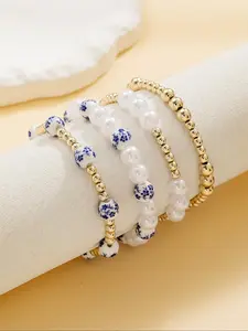 Chinese Style Faux Pearl Decorated Bracelet Set, Fashionable Jewelry for Women & Girls, Trendy All-match & Exquisite Jewelry for Birthday Gift, Stackable Bracelets, Beaded Bracelet
