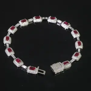 Hip Hop 7mm Fashion Shiny Copper Women's Brass Zircon Ruby Rectangular Cuban Chain Bracelet for Men and Women