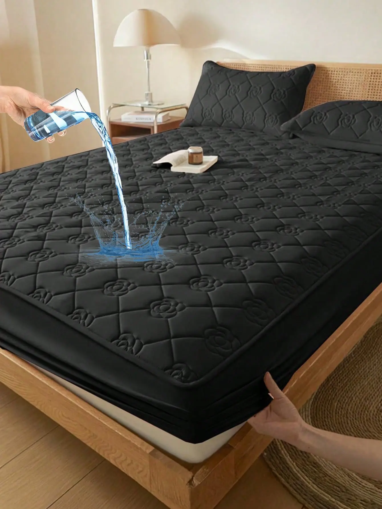 Black Waterproof Durable Plaid Mattress Cover - 1 Count Fitted Sheet Bedding, Flat Weave Polyester Home Goods Bedding, Soft Breathable, Hand or Machine Washable for Bedroom